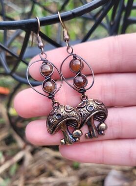 Mushroom Charm And Agate Bead Earrings